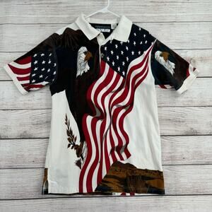 Vintage Royal Air AOP American Flag Bald Eagle Print Polo Shirt Men's L White‎